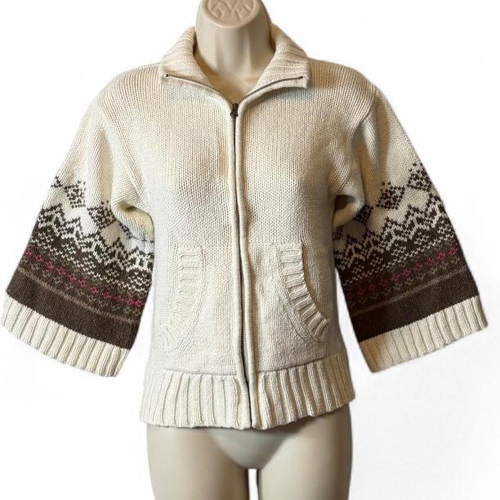 Old Navy Cream Chunky Fair Isle Bell Sleeve Zip Up Cardigan, Women's Size S